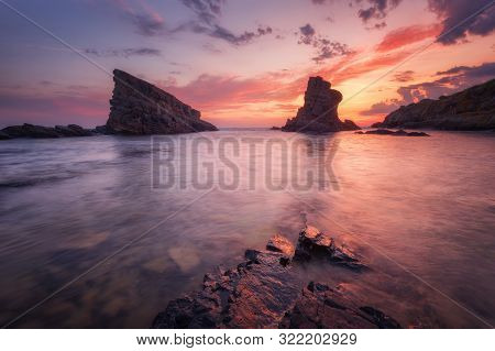 Seascape During Sunrise. Beautiful Natural Seascape. Sea Sunrise At The Black Sea Coast. Magnificent