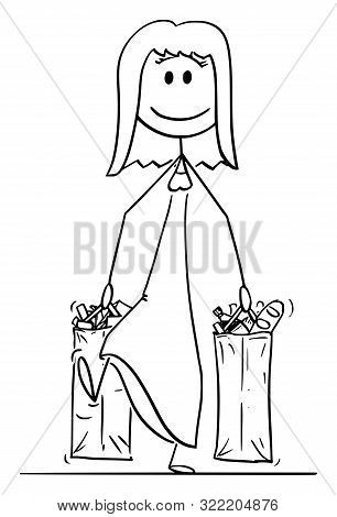 Vector Cartoon Stick Figure Drawing Conceptual Illustration Of Happy Smiling Woman Carrying Big Shop