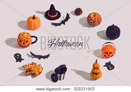 Halloween Holiday Creative Background With Jack O Lantern, Glitter Pumpkin, Candy Corn And Decoratio