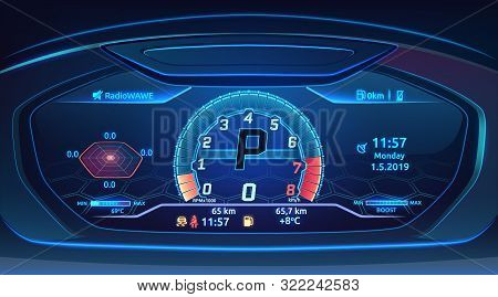 Neon Sport Car Supercar Dashboard With Speedometer, Modern Automobile Control Panel Design, Vector I