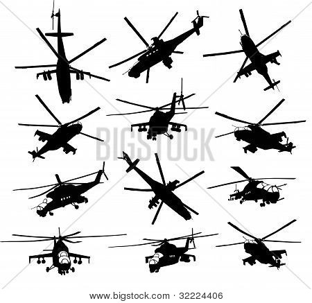 Conjunto de silhuetas de helicóptero