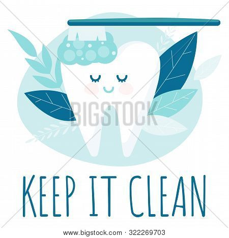 Dental Care. Brush Healthy Tooth. Oral Dental Hygiene. Cute Cartoon Vector Concept.