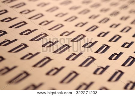 Lettering Practice Writing Worksheet. Handwriting Symbol Filling Pattern. Calligraphic Letter D Lear