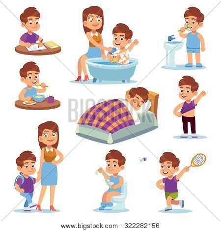 Daily Mother. Happy Children Play With Mom And Walking Active, School Kid Cute Learning And Playing 