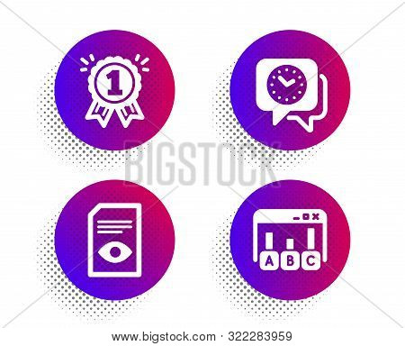 Reward, View Document And Clock Icons Simple Set. Halftone Dots Button. Survey Results Sign. First P