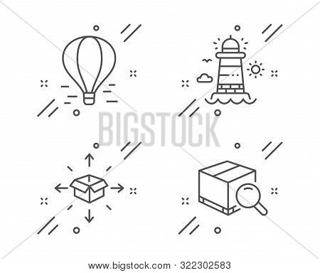 Parcel Delivery, Air Balloon And Lighthouse Line Icons Set. Search Package Sign. Logistics Service, 