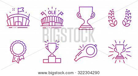 Whistle, Laurel Wreath And Success Line Icons Set. Sports Arena, Winner Podium And Award Cup Signs. 