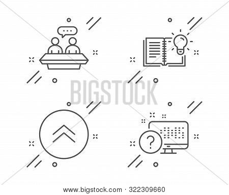 Product Knowledge, Swipe Up And Employees Talk Line Icons Set. Online Quiz Sign. Education Process, 