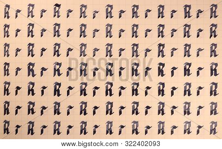 Calligraphic Letter R Learning Skills Paper Page. Calligraphy Letters R Background. Lettering Practi