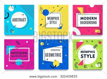 Abstract Geometric Frame. Memphis Square Cards, Funky Colourful Stripes And Dots Shapes And Quotes T