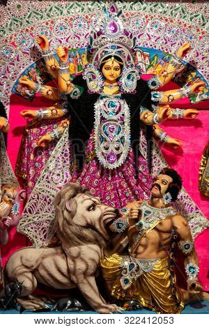 Durga Puja Idiol Or Figure At A Home Based Barowari Puja Pandal. Background Image For Durga Puja.