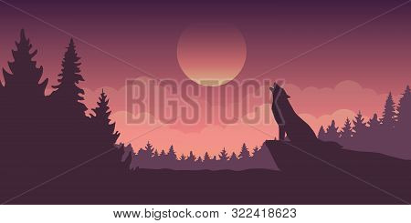 Wolf Howls At Full Moon Blue Mystic Nature Landscape Vector Illustration Eps10