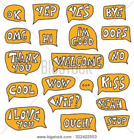 Vector Elements For Conversation. Ok, Yep, Wow, Omg, Welcome, Cool, Thank You, Yes, Hi, Im Good, I L