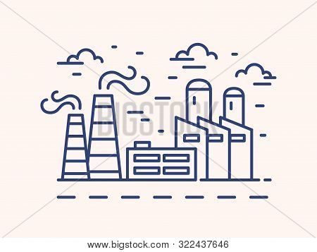 Factory Outline Vector Illustration. Blue Linear Urban Landscape Isolated On White Background. Indus
