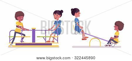 Black Boy, Girl Child 7 To 9 Year Old On Seesaw, Carousel. Kids On Free Time Fun In Park, Garden Rec