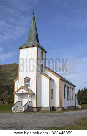 Valberg Church, Vestvagoy, Norway, against a blue sky