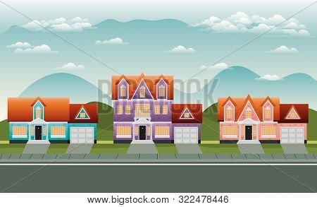 Neighborhood Street With Houses Scene Vector Illustration Design