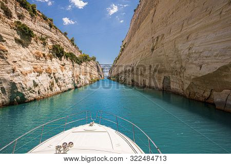Passing Through The Corinth Canal By Yacht, Greece. The Corinth Canal Connects The Gulf Of Corinth W