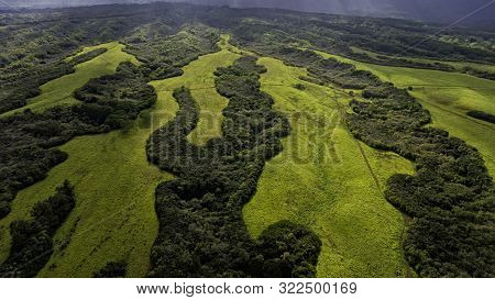 Aerial View From A Fixed Wing Airplane Of Interior Kaui, Hawaii, Usa Near Lihue Showing Lush Green M