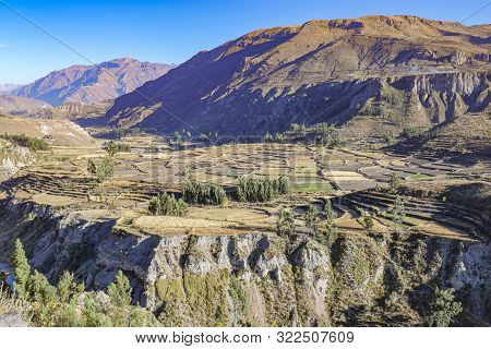 Aerial Panoramic View To Colca Canyon And Madrigal City From The Madrigal Viewpoint At Chivay, Arequ