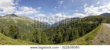 Panoramic View Of The Timmelsjoch High Alpine Road In Texelgruppe Nature Reserve. Oetztal Alps, Sout