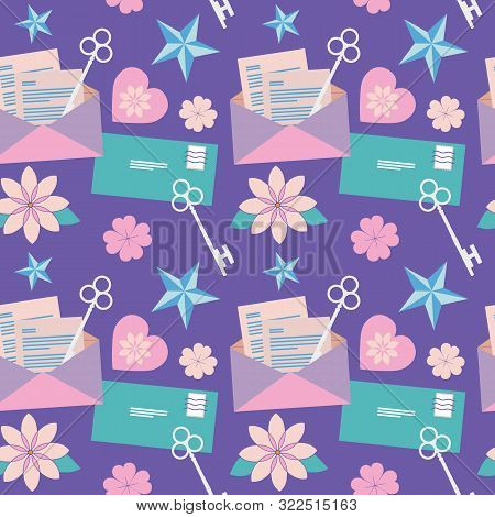 Purple Lucky Symbols Seamless Background Pattern. When A Culmination Of Symbols Promises Luck, Happi