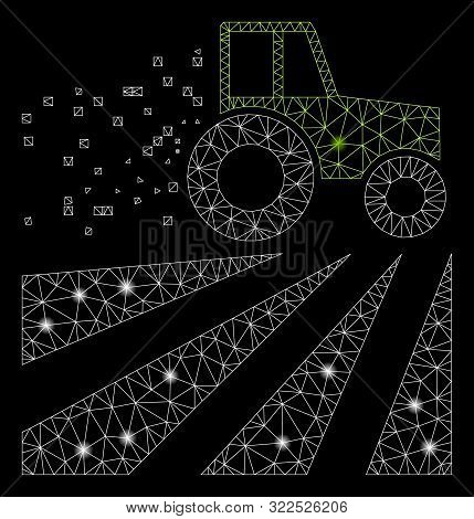 Glossy Mesh Tractor Dust Field With Glitter Effect. Abstract Illuminated Model Of Tractor Dust Field