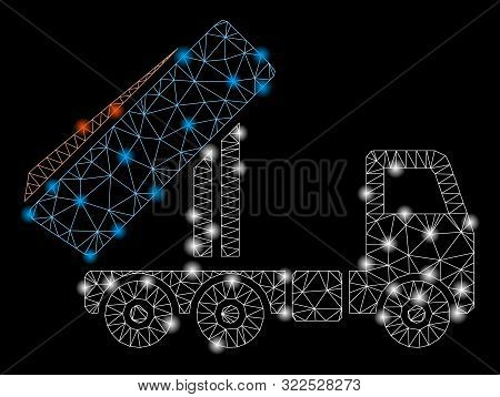 Glossy Mesh Unloading Tipper With Glow Effect. Abstract Illuminated Model Of Unloading Tipper Icon. 