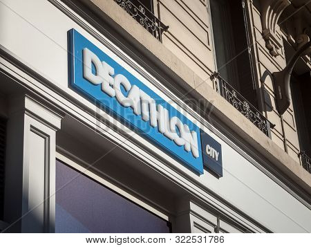 Lyon, France - July 13, 2019: Decathlon Logo In Front Of Their Local Store In Downtown Lyon. Decathl