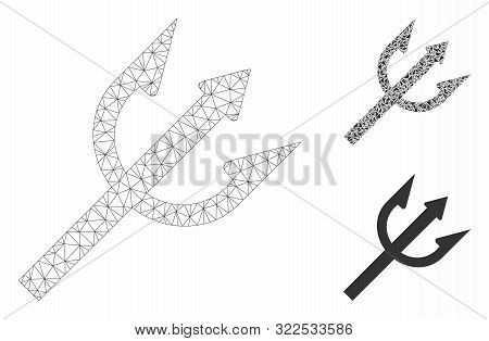 Mesh Trident Fork Model With Triangle Mosaic Icon. Wire Frame Triangular Mesh Of Trident Fork. Vecto