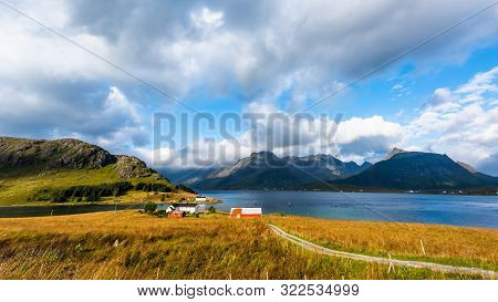 Landscape Of Ramberg , Flakstadveien 591, Moskenstraumen, Lofoten, Norway In Summer