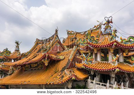 Nantou, Jiji, Taiwan - September 14th, 2019: aerial view of ruins of Wuchanggong temple when earthquake at september 21, 1999