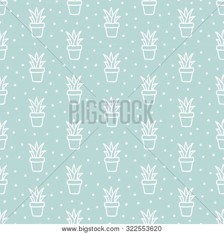Blue Seamless Pattern With Hand Drawn Succulents.