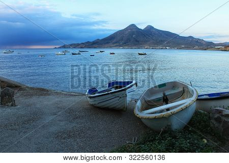 Fishing Boats On The Shore In The Morning In Isleta Del Moro Village In Cabo De Gata, Almeria, Spain