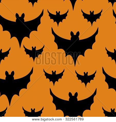 Black Bats On Orange Background Seamless Halloveen Vector Pattern.