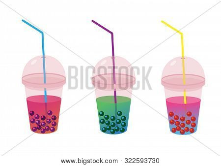 Set Of Milk Tea With Tapioca Balls In A Flat Style. Tapioca In A Plastic Transparent Glass With A St