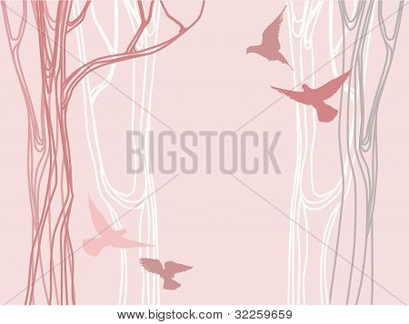 Abstrakti metsän puut siluetteja ja lentävät linnut
