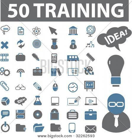 50 iconos de entrenamiento, signos, ilustraciones de vectores