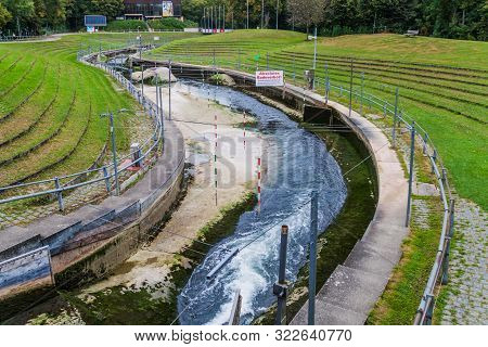 Augsburg, Germany - September 16, 2016: Augsburg Eiskanal, Artificial Whitewater River In Augsburg, 