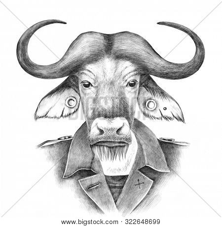 Hand drawn dressed up anthropomorphic buffalo hipster. Illustration in retro style