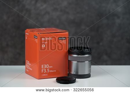 Tallinn, Estonia 11 09 2019: New Sony Macro Lens 30mm F3.5. Photo Of Lens With Box