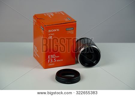 Tallinn, Estonia 11 09 2019: New Sony Macro Lens 30mm F3.5. Photo Of Lens With Box
