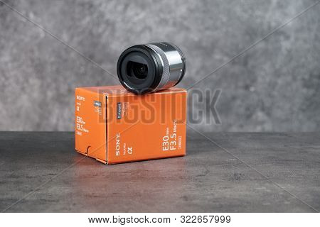 Tallinn, Estonia 11 09 2019: New Sony Macro Lens 30mm F3.5. Photo Of Lens With Box