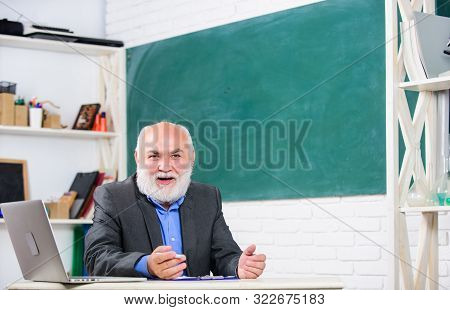 Senior School Teacher Concept. Honored Professor. Teacher Bearded Man Tell Cheerful Story. Teacher C
