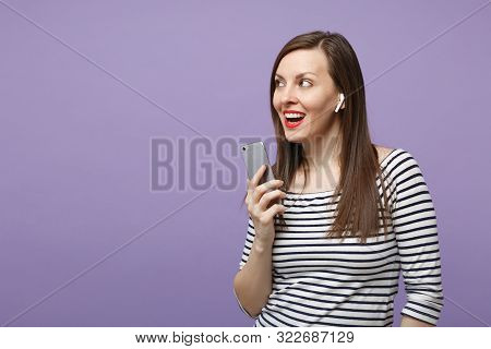 Young Brunette Woman Girl In Casual Striped Clothes Posing Isolated On Violet Purple Background Stud
