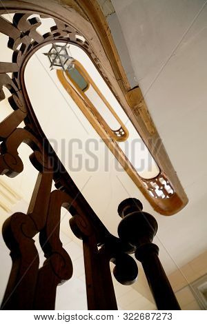 View Bottom Up On Beautiful Luxury Staircase With Wooden Railings. Photo Consists Of Staircase With 