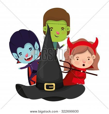 Cute Little Kids With Hat Witch Characters Vector Illustration Design
