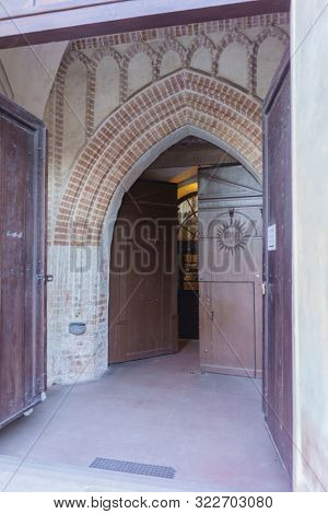 VILNIUS, LITHUANIA - JULY 30, 2019:  Facade of Roman Catholic Church of St. Anna in Vilnius (lit. Church of the Holy Onos) and  Church Of St. Francis And St. Bernard, Details, UNESCO World Heritage