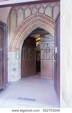 VILNIUS, LITHUANIA - JULY 30, 2019:  Facade of Roman Catholic Church of St. Anna in Vilnius (lit. Church of the Holy Onos) and  Church Of St. Francis And St. Bernard, Details, UNESCO World Heritage