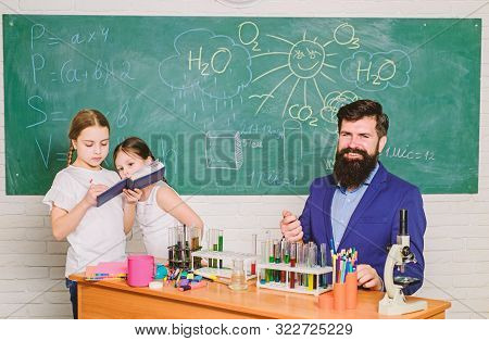 School Kids Scientist Studying Science. Back To School. Happy Children Teacher. Little Kids Learning